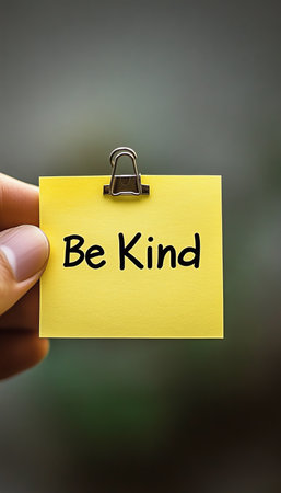 Hand Holding Yellow Sticky Note With Be Kind Message, Isolated, Kindness And Motivation Conceptの素材