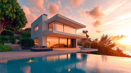 Stunning sunset glow illuminates a luxurious seaside villa, offering a serene upscale retreat.の素材