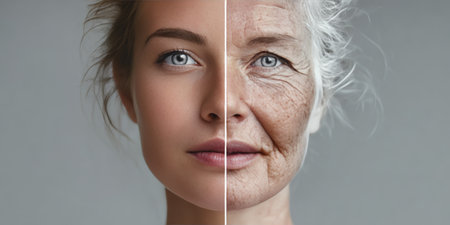 Aging Process Illustrated A Young Woman s Face Transforms with Distorted Lines, Folds, and Wrinklesの素材