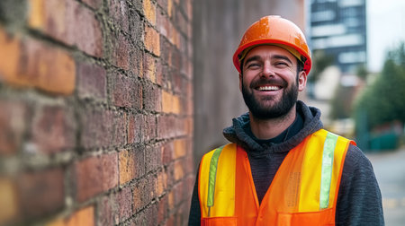 Bearded bricklayer smiling while expertly working on a brick wall construction project outdoors.の素材