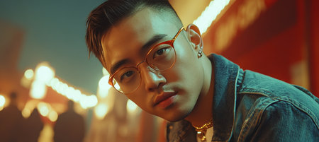 Stylish Young Man with Glasses and Denim Jacket Poses Confidently in a Trendy Urban Settingの素材
