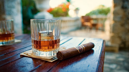 Refined Indulgence Golden Whiskey with Ice and Premium Cigar on Outdoor Table in Relaxed Atmosphereの素材