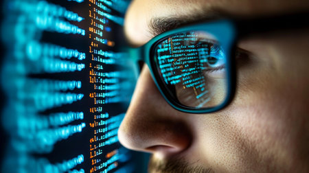 Cyber Security Vision Man in Glasses Analyzes Complex Computer Code on Screen for Data Protectionの素材