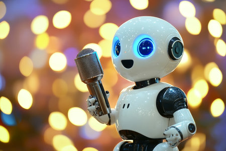 Robotics perform at futuristic concerts, showcasing expressive eyes and captivating artistry.の素材