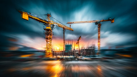 Dynamic Aerial View of Construction Site with Tower Cranes and Heavy Equipment in Urban Landscapeの素材