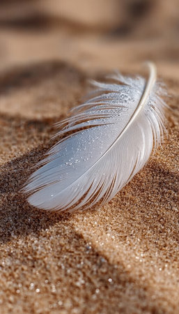 Feather Gently Resting on Golden Sands A Tranquil Beach Scene Capturing Serenity and Calmnessの素材