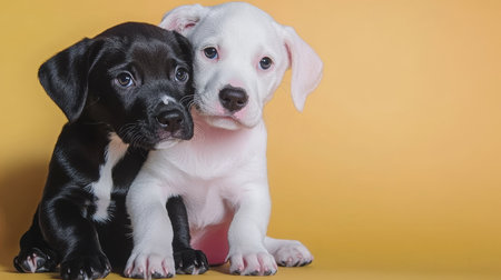 Adorable Black and White Puppies Cuddle on a Sunny Yellow Backdrop, Melting Hearts Everywhereの素材