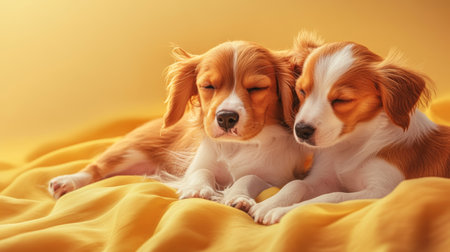 Two Adorable Golden Spaniel Puppies Nestled Together in Cozy Slumber, Exuding Pure Comfort and Joyの素材