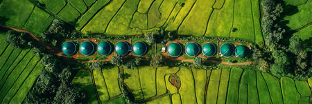 Aerial view of biogas digesters near lush fields highlighting sustainability and renewable energy.の素材