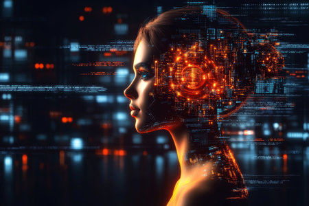 Futuristic woman showcasing innovative technology solutions to enhance online business processes.の素材