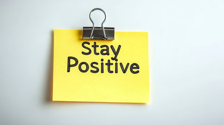 Isolated Yellow Sticky Note On White Background With Stay Positive Message, Motivation Concept.の素材