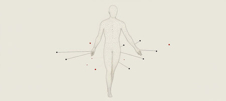 Abstract Illustration Wireframe Structure Of Human Anatomy with Acupuncture Points Marked On Bodyの素材