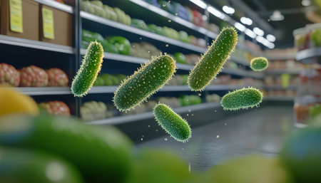 Invisible Threat Bacteria Contamination in Supermarket Produce Section, Food Safety Concept.の素材