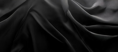 Luxurious Black Silk Fabric Draped Elegantly in Flowing Waves, Showcasing Depth, Texture, and Sheenの素材