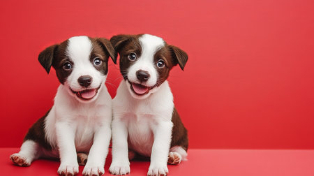 Two Cute Puppies Playfully Posing on a Bright Red Background, Celebrating Joy and Friendshipの素材