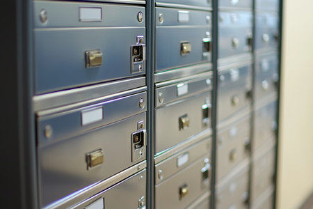 A Secure Storage System Featuring Rows of Safety Deposit Boxes with Key Locks in a Safe Roomの素材