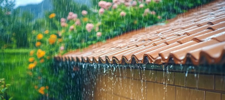 Torrential Rain Pours Down on Rooftop Tiles During Monsoon Season, Water Discharge from Home Roofの素材