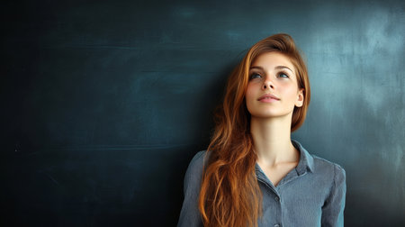 Pensive educationalist contemplating teaching methods while standing by a dark wall indoors.の素材