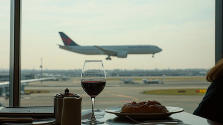 Elegant Airport Lounge Scene Featuring Gourmet Food, Fine Wine, and Relaxing Departure Atmosphereの素材