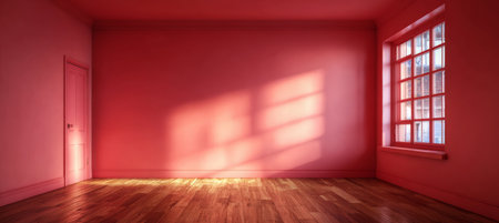 Modern Aesthetic Living Room with Warm Red and Pink Walls, Hardwood Floor, and Natural Lightの素材