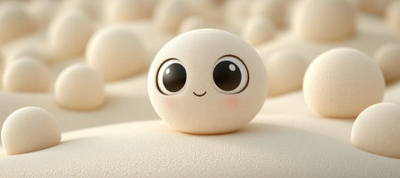 Cute Tiny Beige Sphere Character with Bright Eyes Floating on Ivory Landscape for Copy Spaceの素材