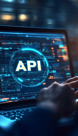 Programming with API, Laptop Displaying Hologram, Modern Technology Concept for Developmentの素材