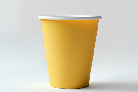 Bright yellow disposable paper drinking cup with white lip rim, ideal for hot and cold beverages.の素材