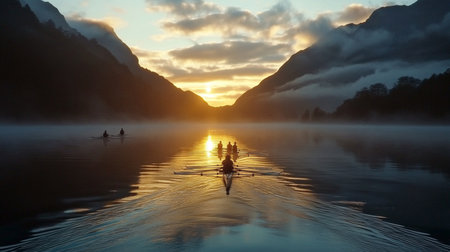 Serene Early Dawn Reflections on the Lake, Teamwork in Rowing Exercises Amidst Peaceful Hillsの素材