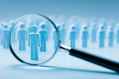 Magnifying Glass Revealing One Individual from Team Group for Selection and Finding Candidatesの素材