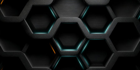 Geometric Texture Featuring Blue Hexagonal Design and Metallic Surfaces in an Abstract Backgroundの素材