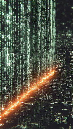 Futuristic Cybernetic Cityscape with Digital Code Flowing Through a High-Tech Urban Environmentの素材