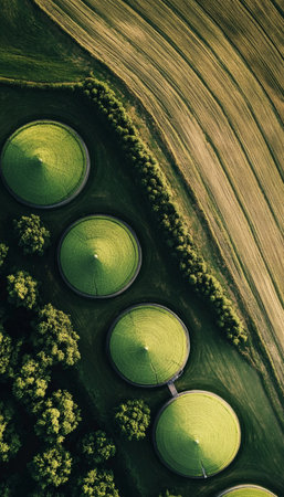 Aerial View of Circular Biogas Digesters Surrounded by Lush Green Farmlands Promoting Sustainabilityの素材