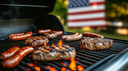 Summer Grilling Feast with Sizzling Steaks and Sausages, Perfect for Outdoor BBQ Celebrationsの素材
