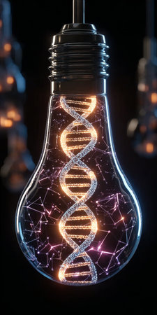 Innovative Medical Concept Featuring Genetic Code and Bright Energy Filaments in a Light Bulbの素材
