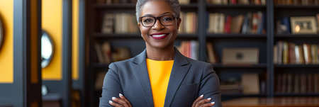 Confident African American Woman Professor Smiling in Library Surrounded by Books and Knowledgeの素材