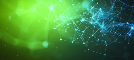 Abstract Connectivity Illustration with Networked Spheres and Modern Green Polygon Design Visualsの素材