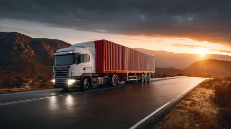 Industrial semi truck traveling on long highway during sunset for logistics and delivery operations.の素材