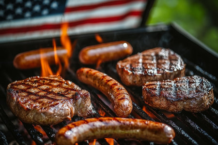 Patriotic Barbecue Celebration with Grilled Sausages and Steaks Against a Blurred American Flagの素材