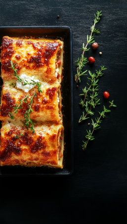 Rustic lasagna layered with savory sausage and ricotta, infused with aromatic rosemary herbs.の素材