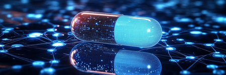 A Digital Pill on a Network Background Representing the Future of AI-driven Precision Medicine.の素材