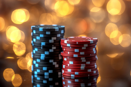 Exciting Game Night with Friends Stacked Poker Chips, Reflective Surface, and Bokeh Backgroundの素材