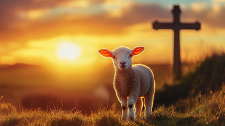 A Beautiful White Sheep Symbolizing Christian Devotion Under a Stunning Golden and Purple Sunsetの素材