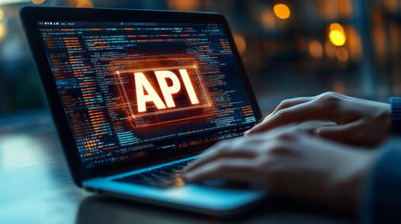 Data Analysis and Coding Specialist Working on Laptop with API Hologram and Modern Tech Integrationの素材