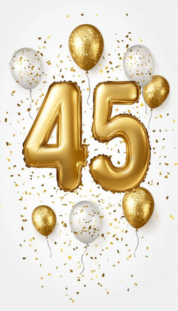Golden Balloons Form Number 45 for Festive Birthday Celebration on White Background, with Confettiの素材