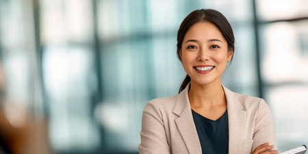 Confident Asian Businesswoman in Stylish Blazer Smiling, Ready for Meetings and New Opportunitiesの素材