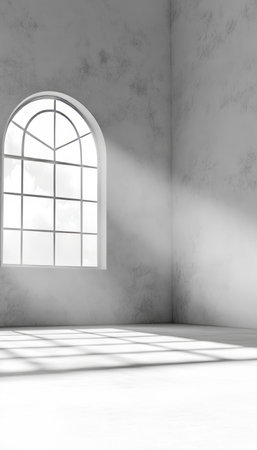 Bright Minimalist Studio Interior with Arched Window and Plaster Walls for Creative Showcasesの素材
