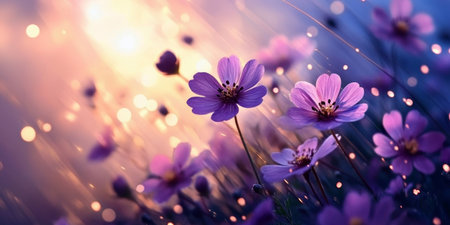 Tranquil Purple Dreamland Majestic Sunset Lighting Up a Beautiful Floral Meadow with Serenityの素材