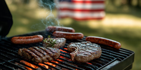 Sizzling Barbecue Feast Juicy Steaks and Flavorful Sausages Grilling for Summer Celebrationの素材