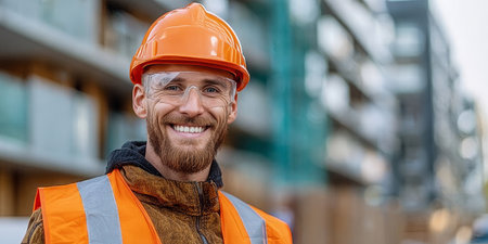 A Happy Construction Worker Wearing a Hard Hat and Safety Gear, Smiling for the Camera at Siteの素材