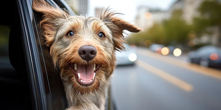 Joyful Dog Enjoying a Scenic City Drive with Its Owner on a Sunny Day, Adventure Awaitsの素材